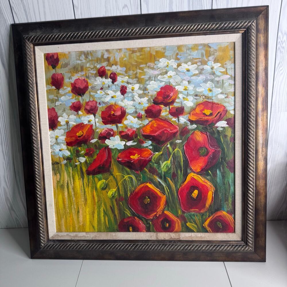 Vintage Poppies Oil Painting on Stretched Canvas Flowers Red Unsigned 25x25
